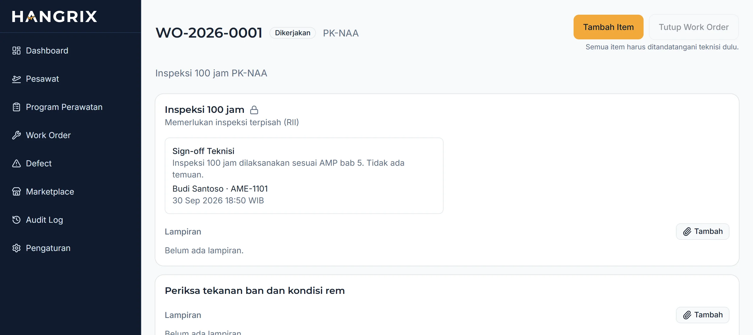 Work order dengan item inspeksi 100 jam yang sudah ditandatangani teknisi lengkap dengan nama, nomor lisensi, dan waktu, serta ditandai terkunci.